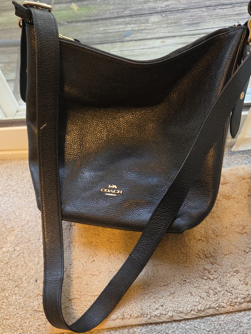 Coach Black Pebbled Leather Messenger Bag with Gold Logo